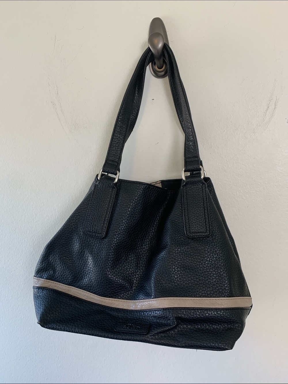 Oliver Expandable Black Pebbled Faux Leather Shoulder Bag with Taupe Accent